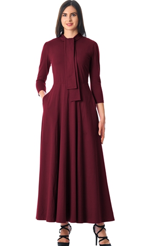 BY610398-3 Burgundy Pocketed  Sleeves Tie Neck Maxi Dress